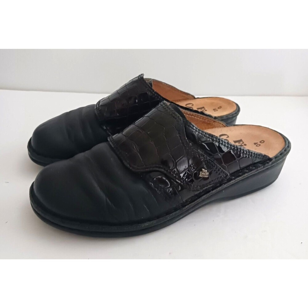 Finn Comfort Blk Leather Clog Moc Croc Accent Made in Germany EU 40 US 9 - Picture 4 of 10